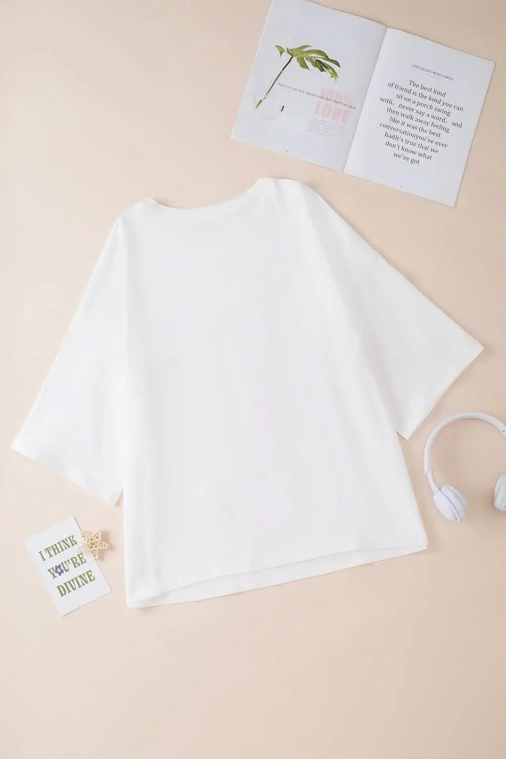White Colorblock Star Patched Half Sleeve Oversized Tee - Love Salve